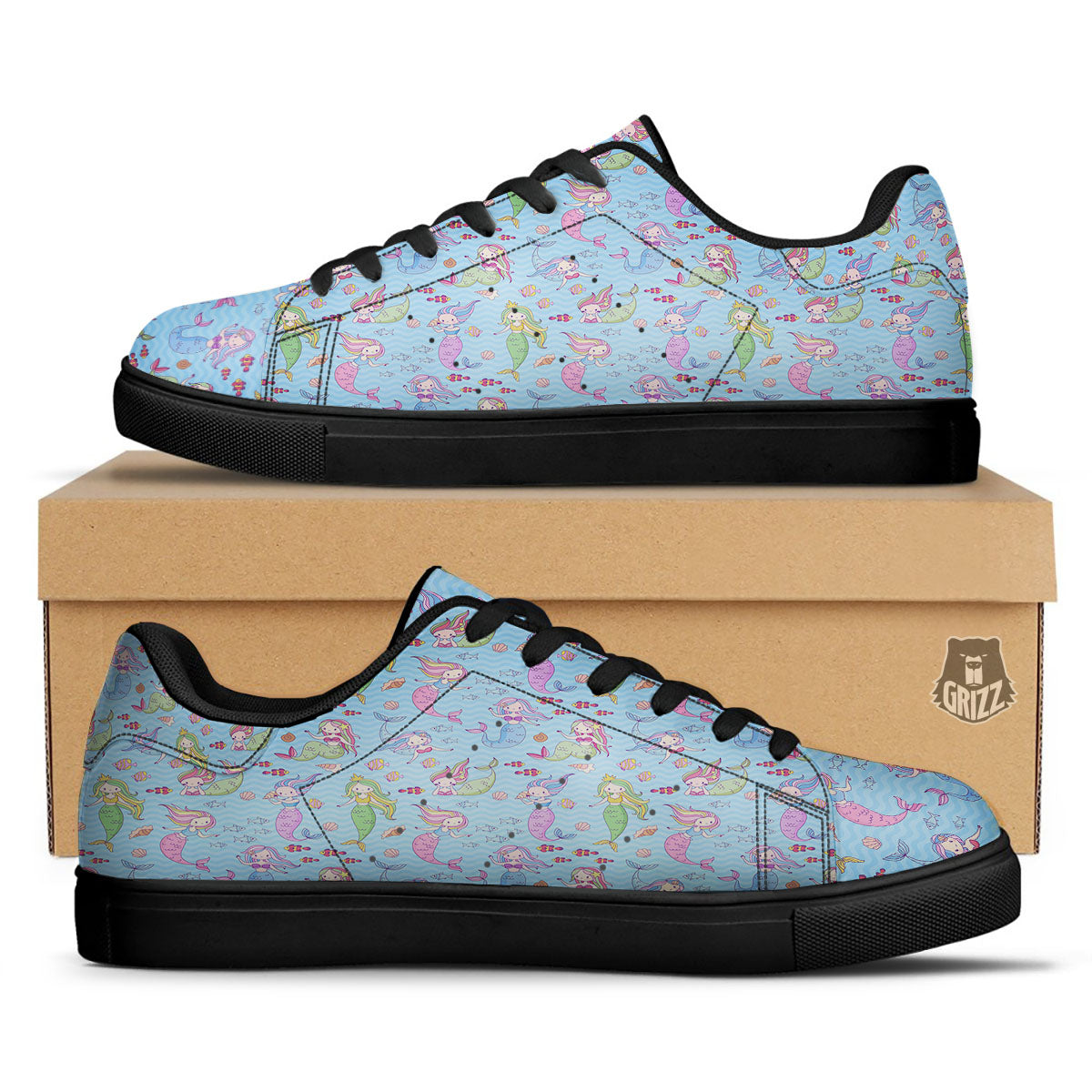 Cartoon Mermaid Print Pattern Black Low Top Sneakers-grizzshop