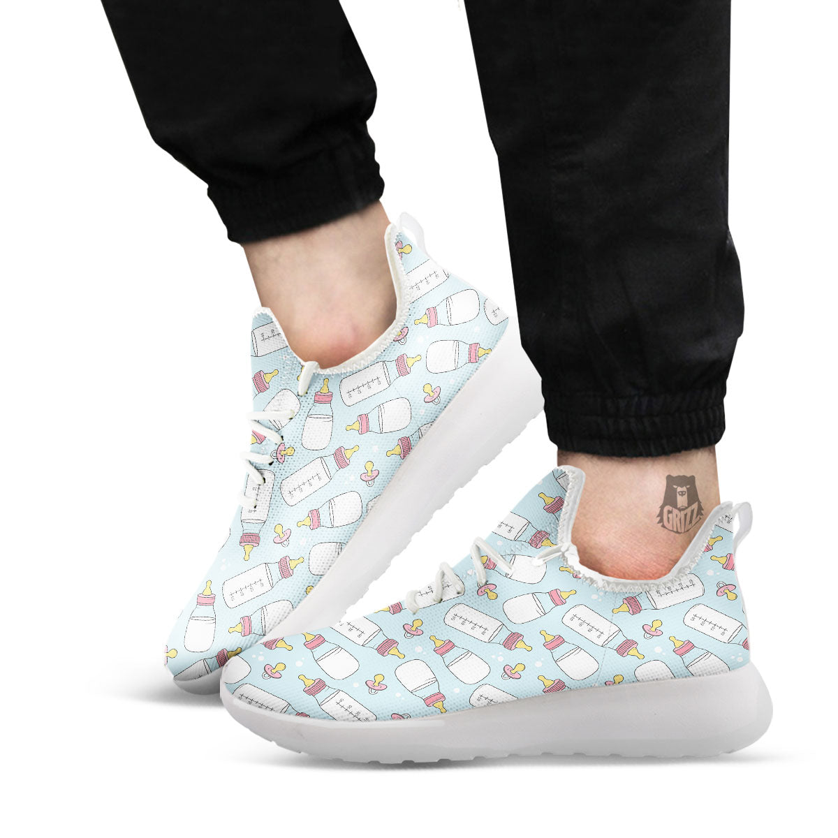 Cartoon Milk Bottle Print Pattern White Athletic Shoes-grizzshop