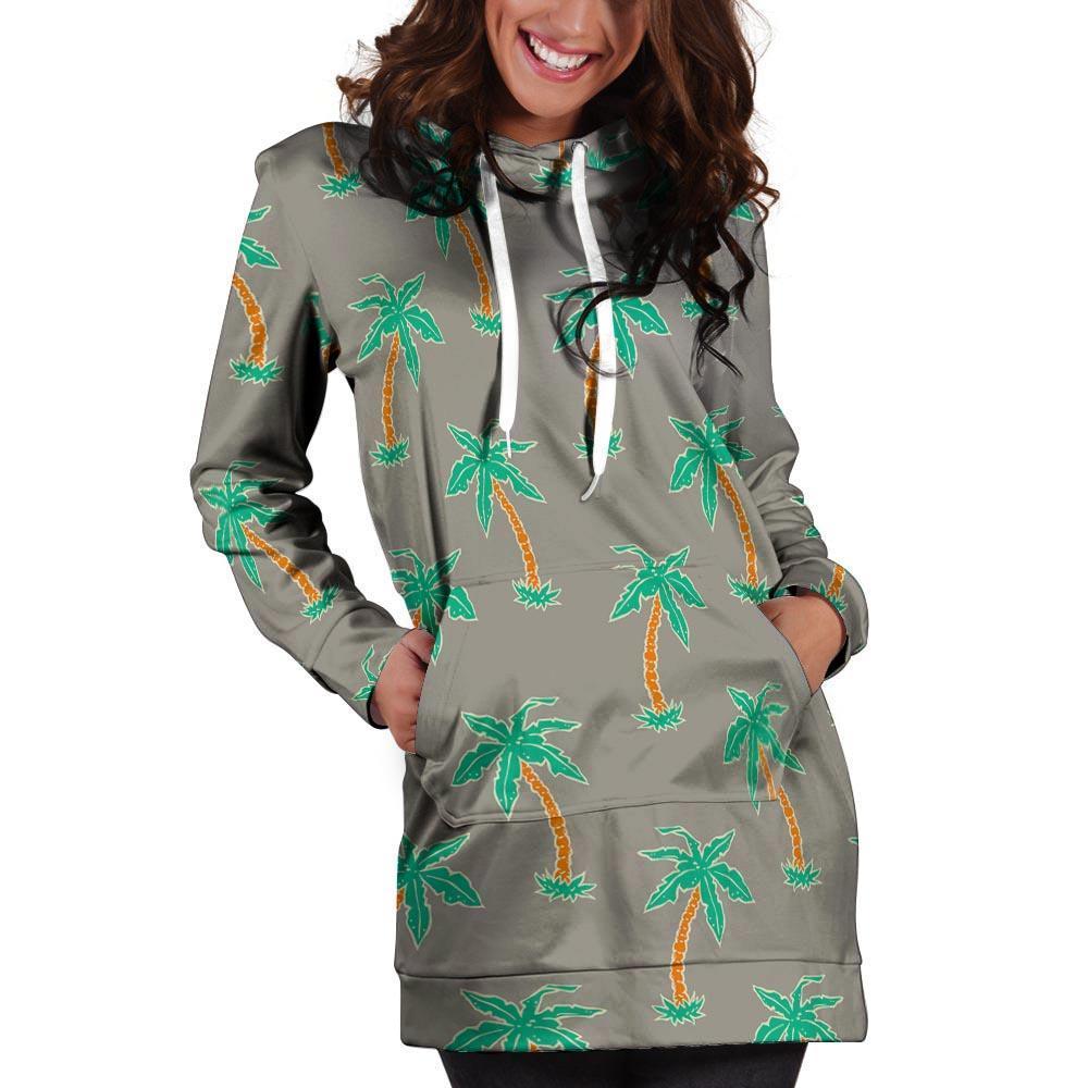 Cartoon Palm Tree Hawaiian Print Hoodie Dress-grizzshop