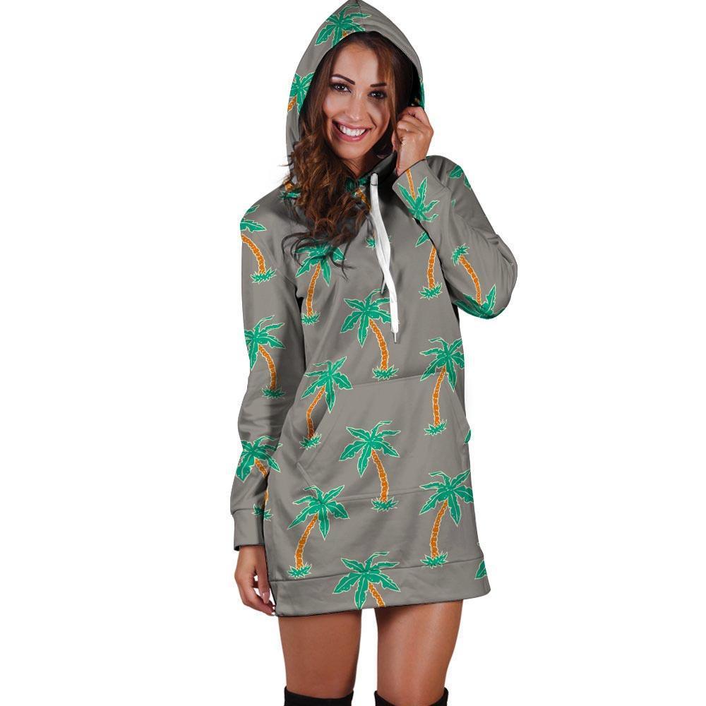 Cartoon Palm Tree Hawaiian Print Hoodie Dress-grizzshop