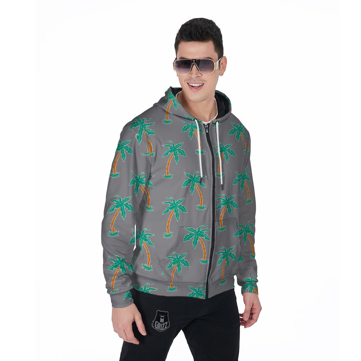 Cartoon Palm Tree Hawaiian Print Men's Zip Up Hoodie-grizzshop