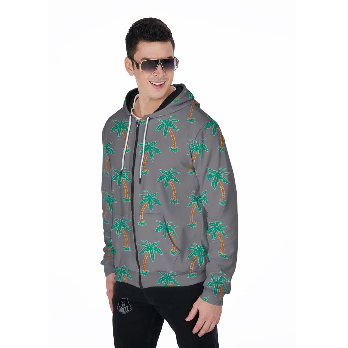 Cartoon Palm Tree Hawaiian Print Men's Zip Up Hoodie-grizzshop