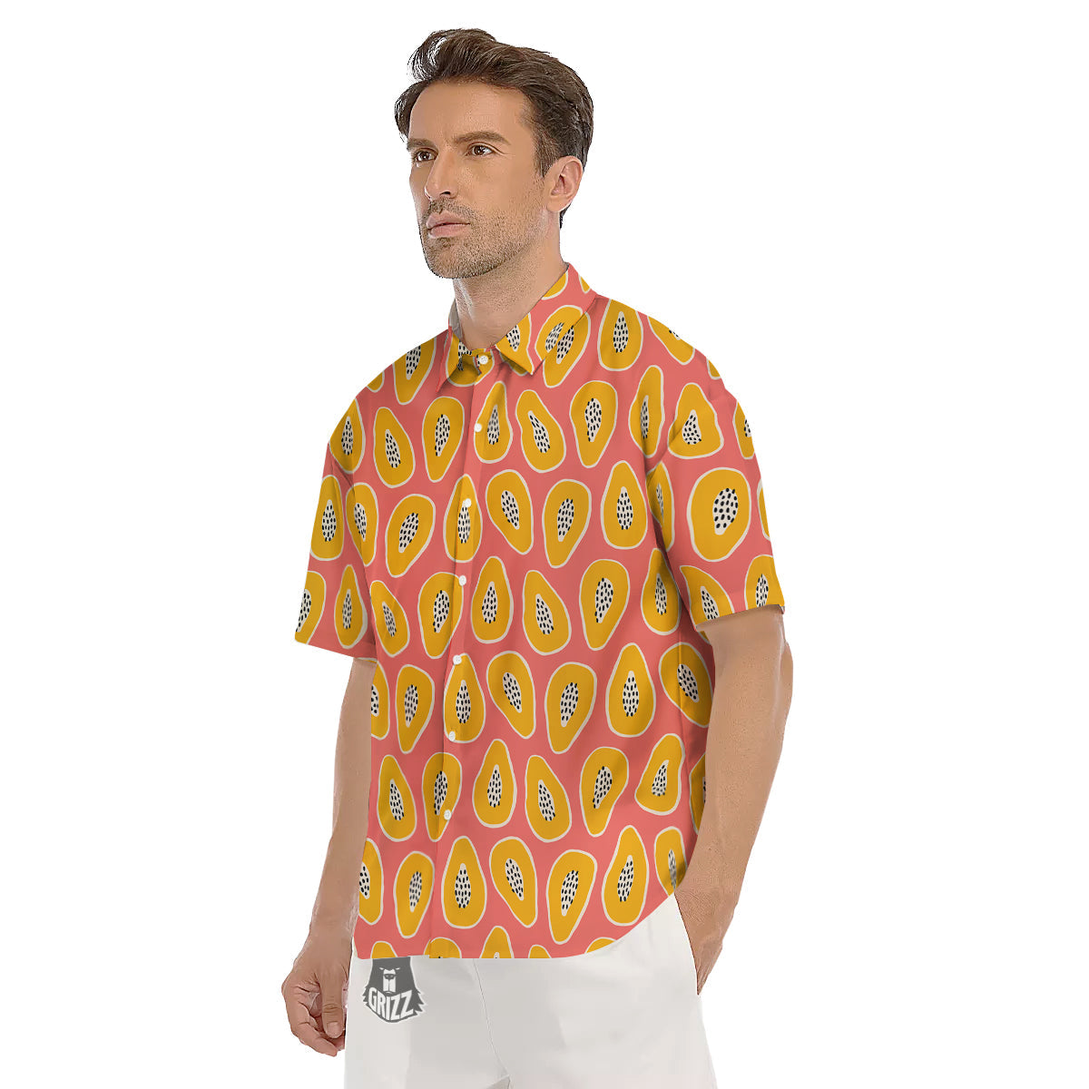 Cartoon Papaya Pink Print Pattern Men's Short Sleeve Shirts-grizzshop