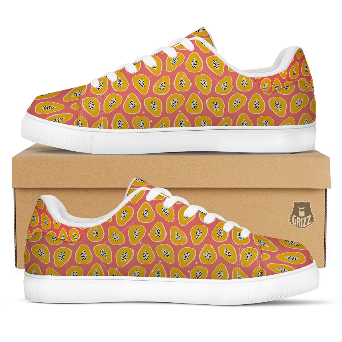 Cartoon Papaya Pink Print Pattern White Low Top Sneakers-grizzshop