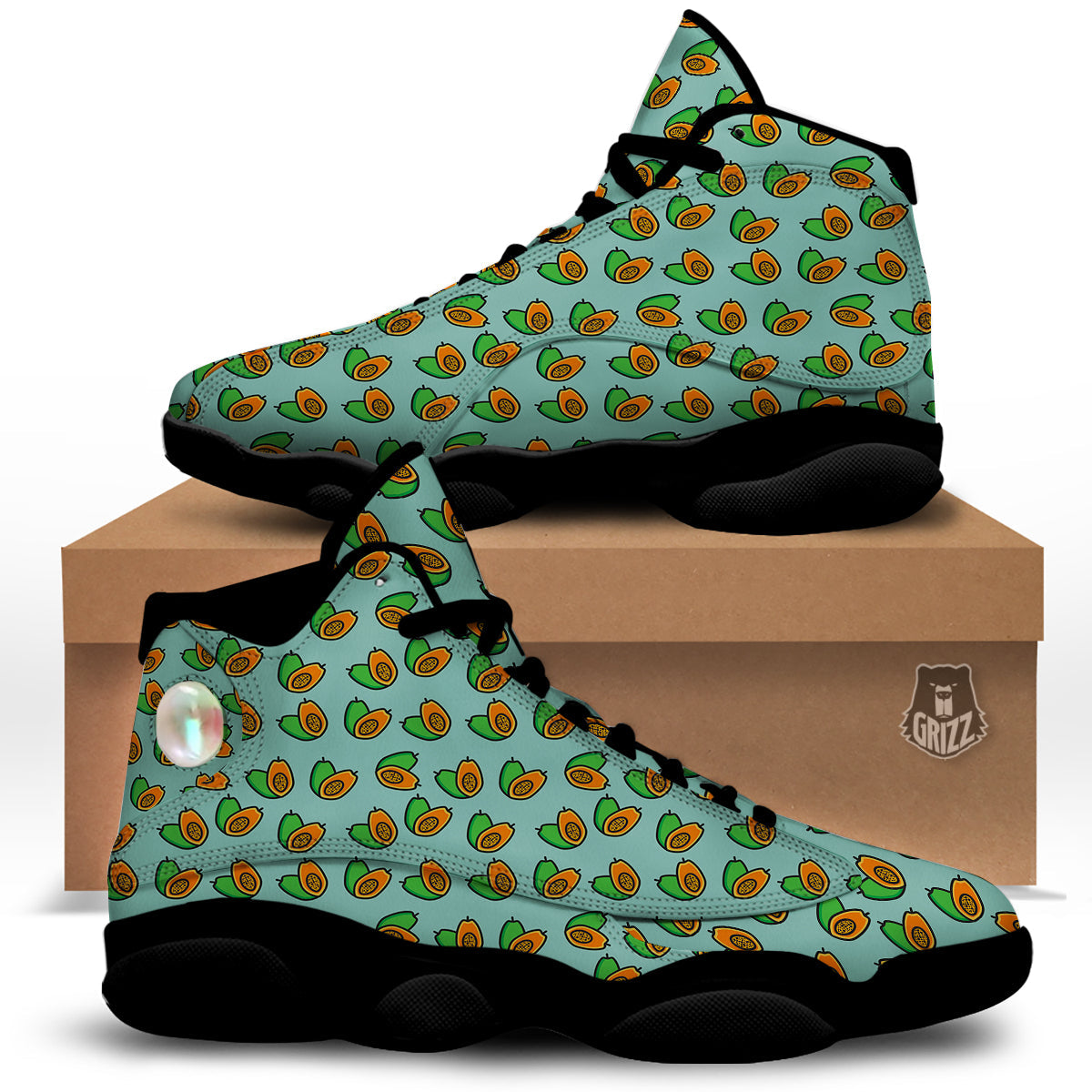 Cartoon Papaya Print Pattern Black Basketball Shoes-grizzshop