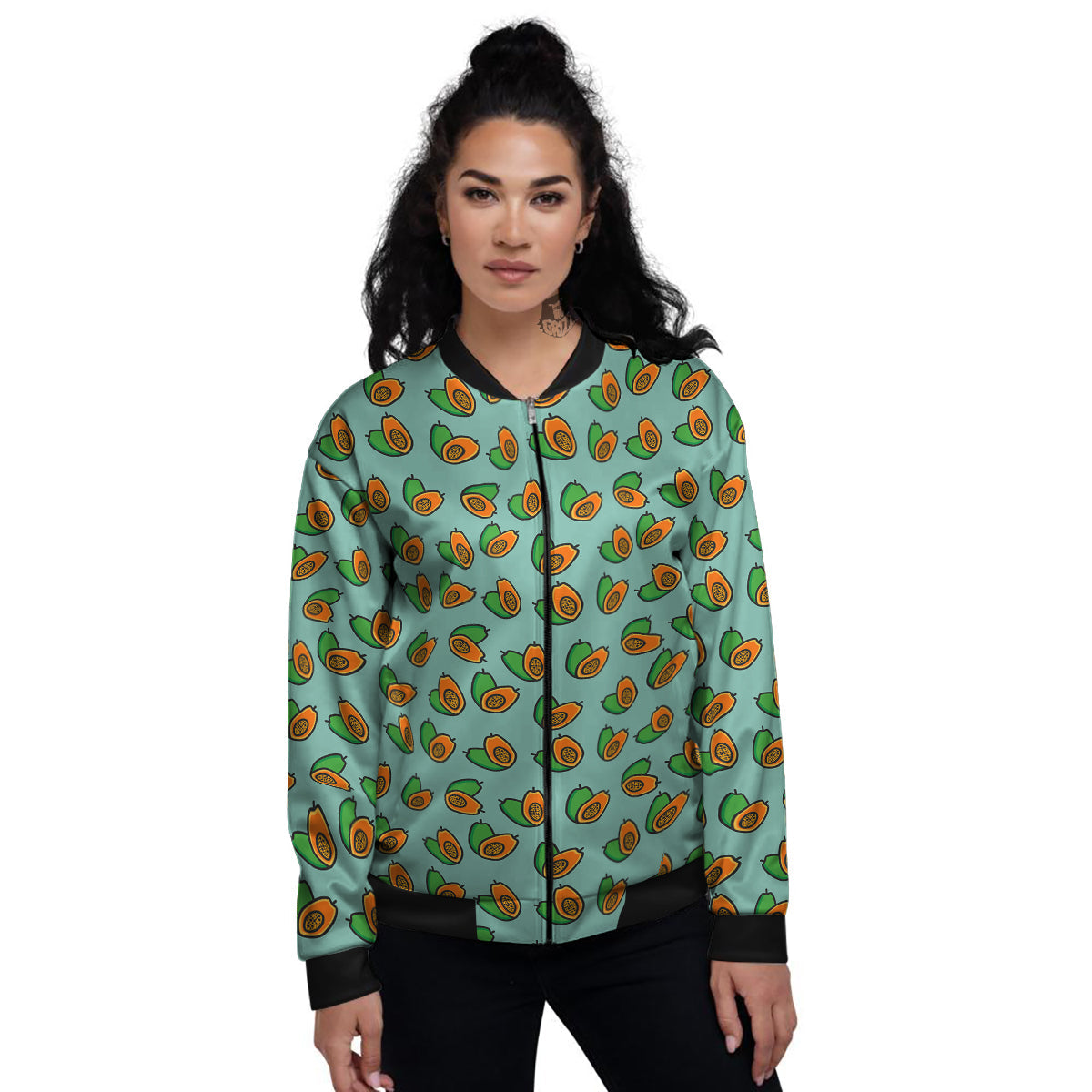 Cartoon Papaya Print Pattern Women's Bomber Jacket-grizzshop