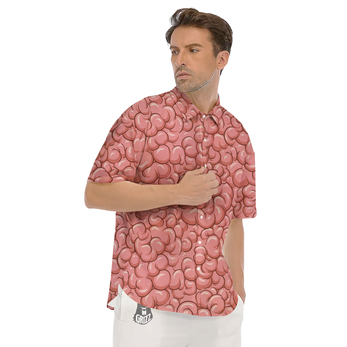 Cartoon Pink Brain Print Pattern Men's Short Sleeve Shirts-grizzshop