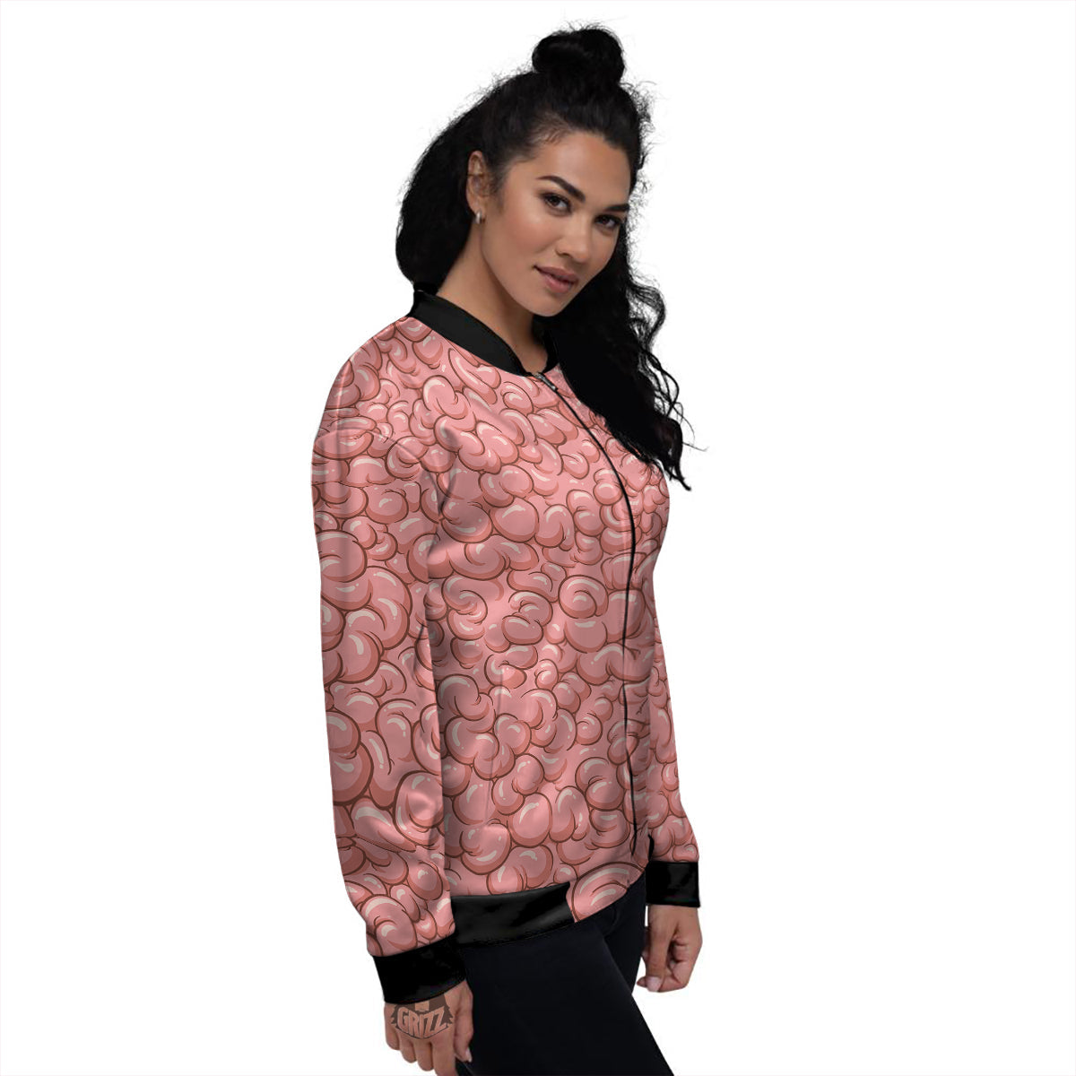 Cartoon Pink Brain Print Pattern Women's Bomber Jacket-grizzshop