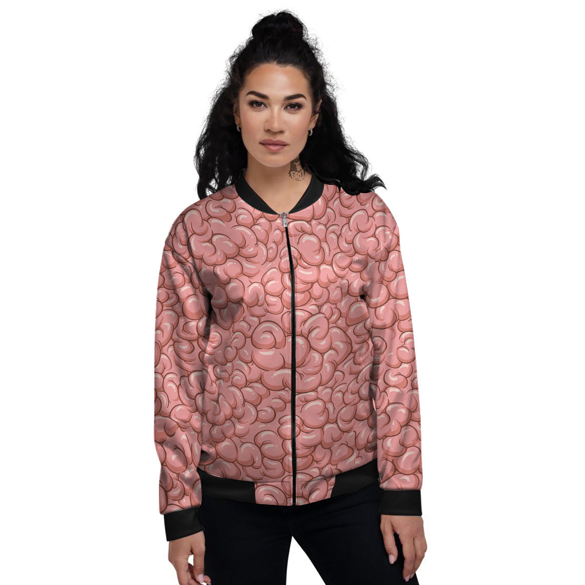 Cartoon Pink Brain Print Pattern Women's Bomber Jacket-grizzshop
