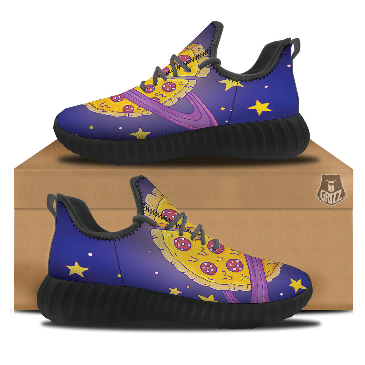 Cartoon Pizza Planet Print Black Walking Shoes-grizzshop