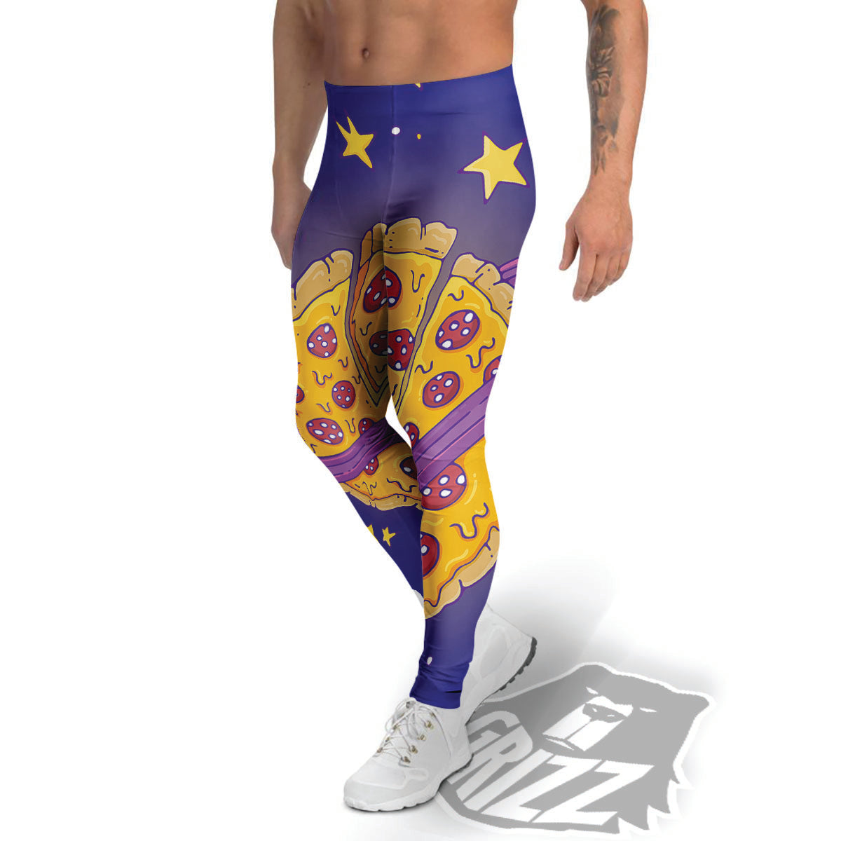 Cartoon Pizza Planet Print Men's Leggings-grizzshop