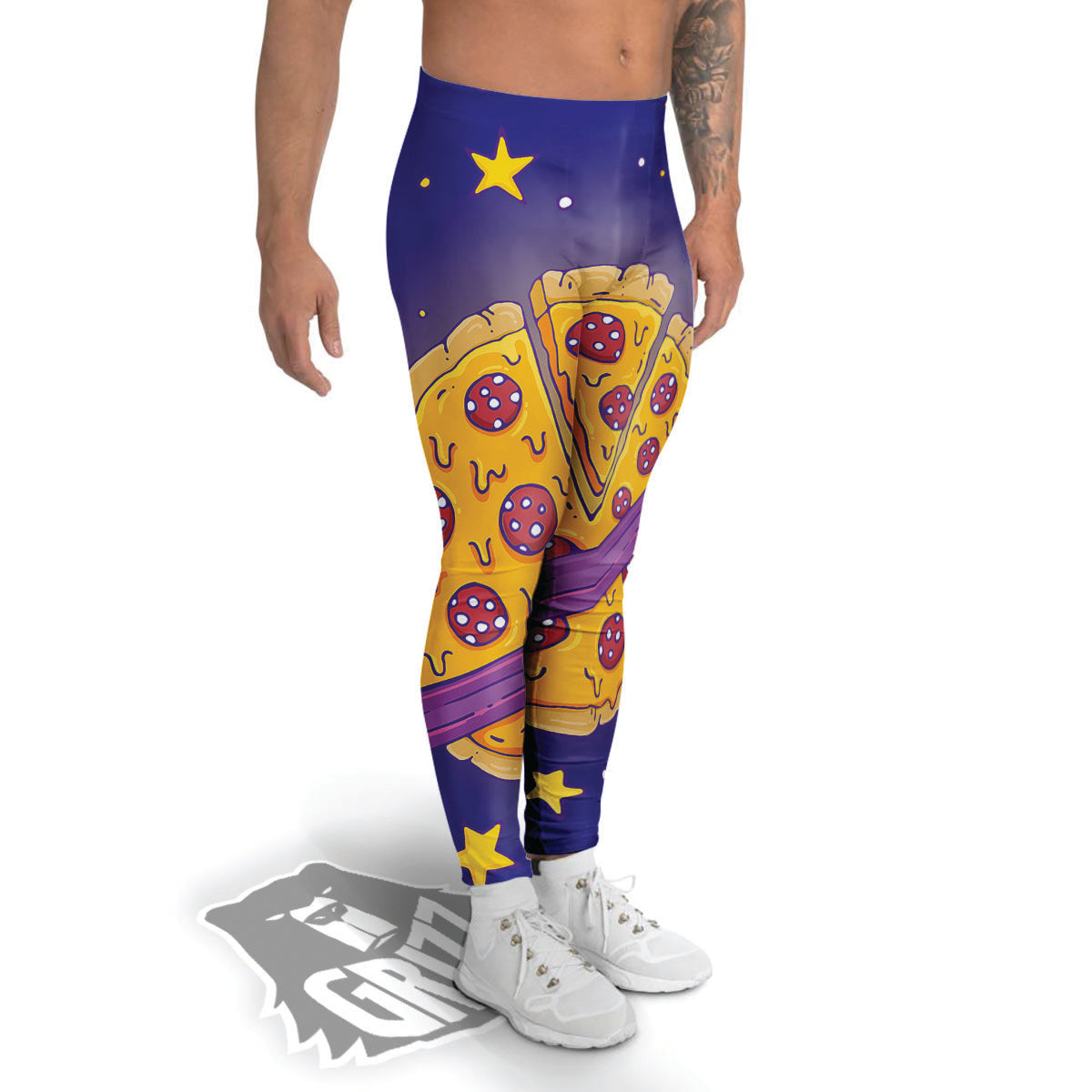 Cartoon Pizza Planet Print Men's Leggings-grizzshop