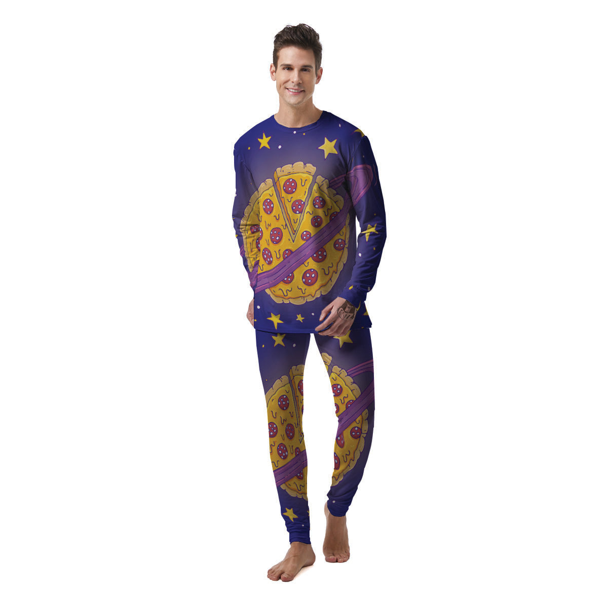 Cartoon Pizza Planet Print Men's Pajamas-grizzshop