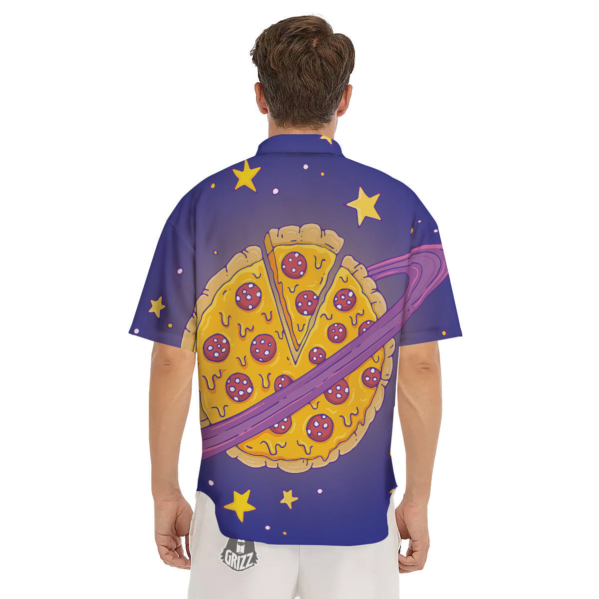 Cartoon Pizza Planet Print Men's Short Sleeve Shirts-grizzshop