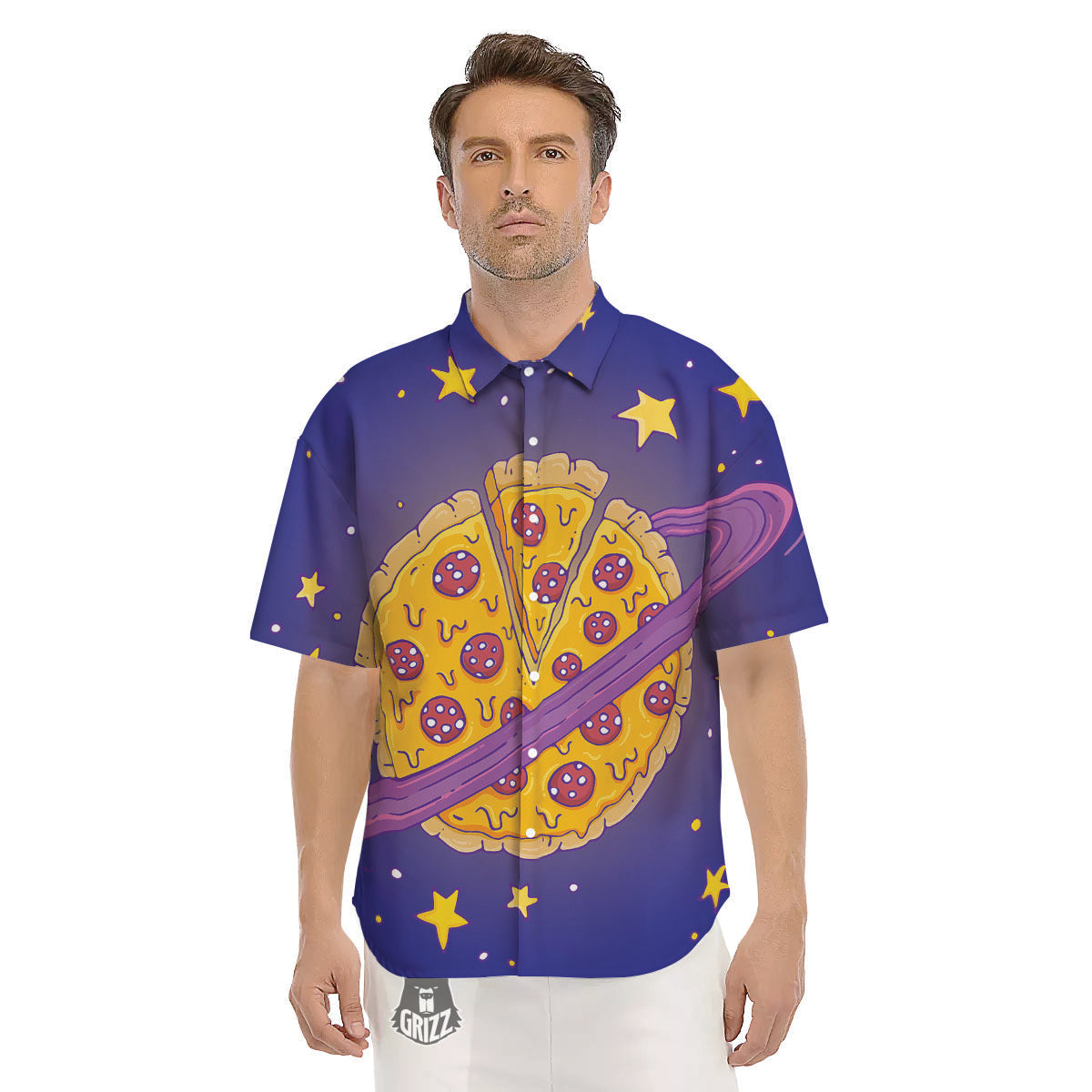 Cartoon Pizza Planet Print Men's Short Sleeve Shirts-grizzshop