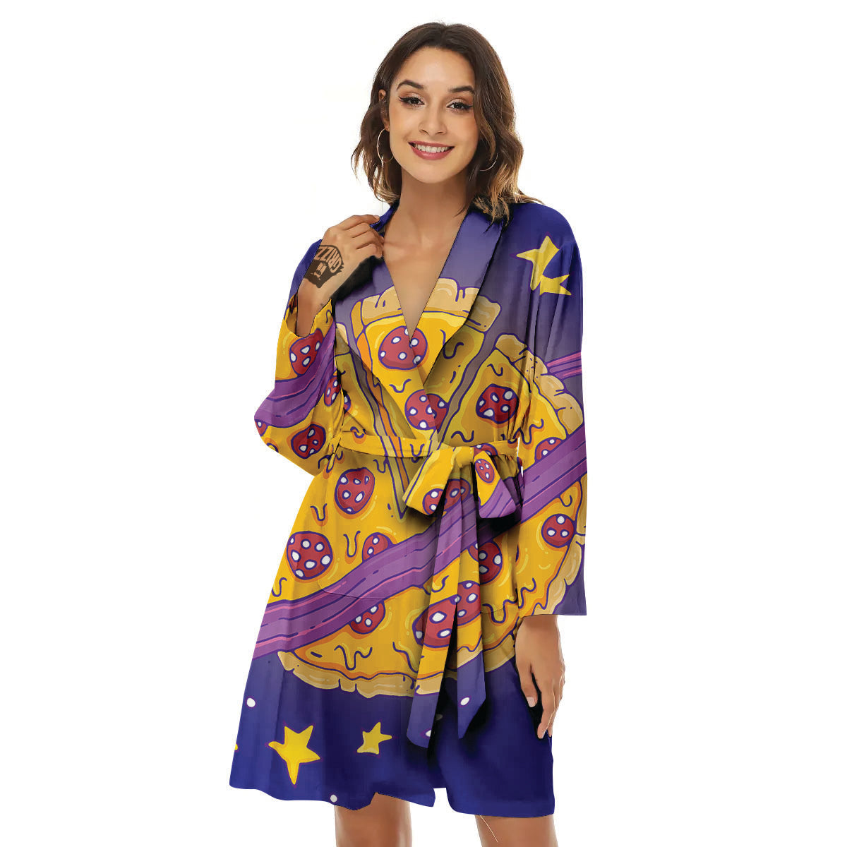 Cartoon Pizza Planet Print Women's Robe-grizzshop