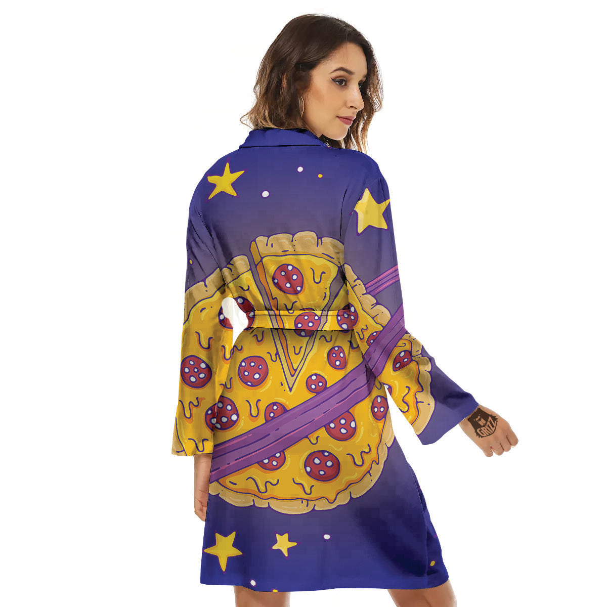 Cartoon Pizza Planet Print Women's Robe-grizzshop