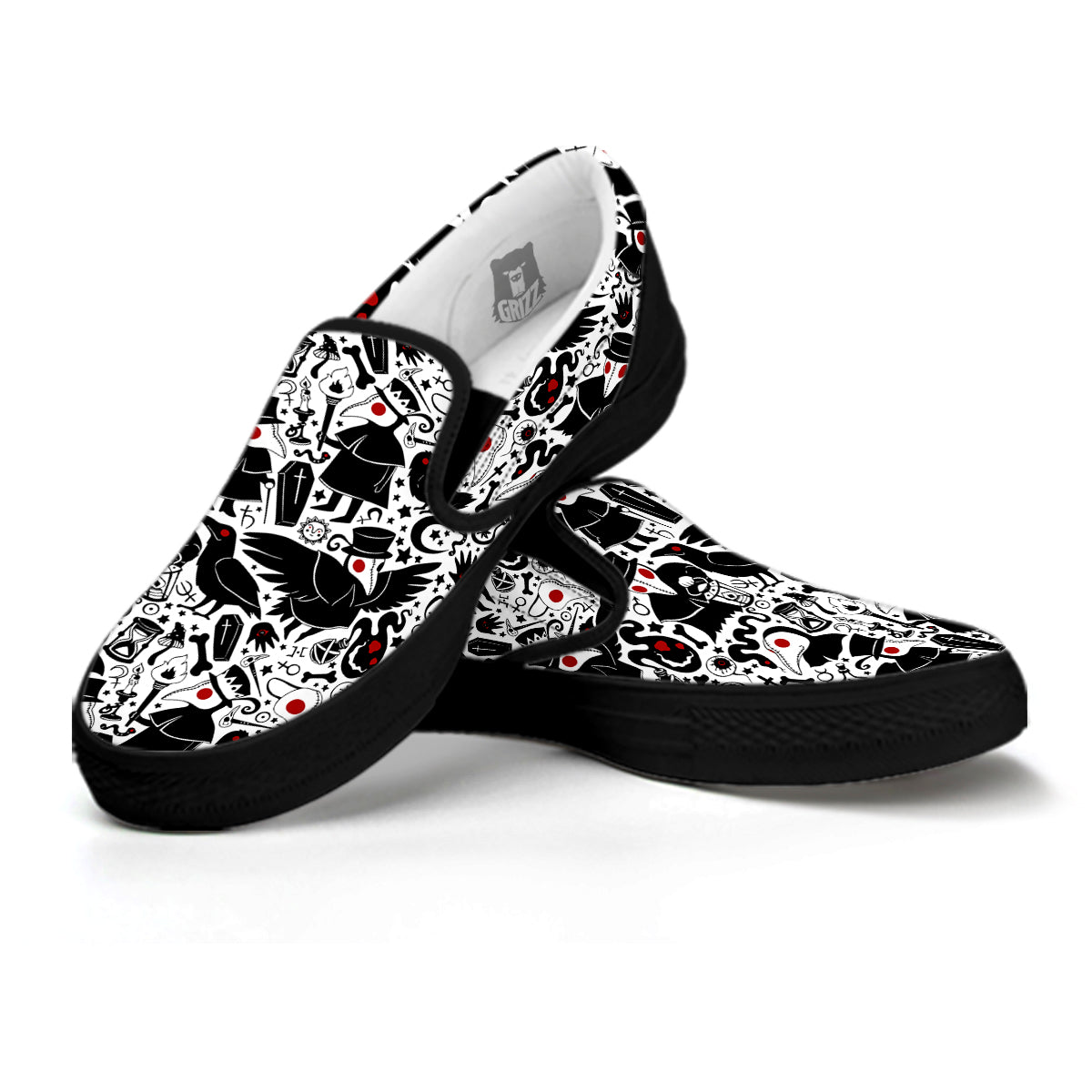 Cartoon Plague Doctors And Crows Red Eyes Print Pattern Black Slip On Shoes-grizzshop