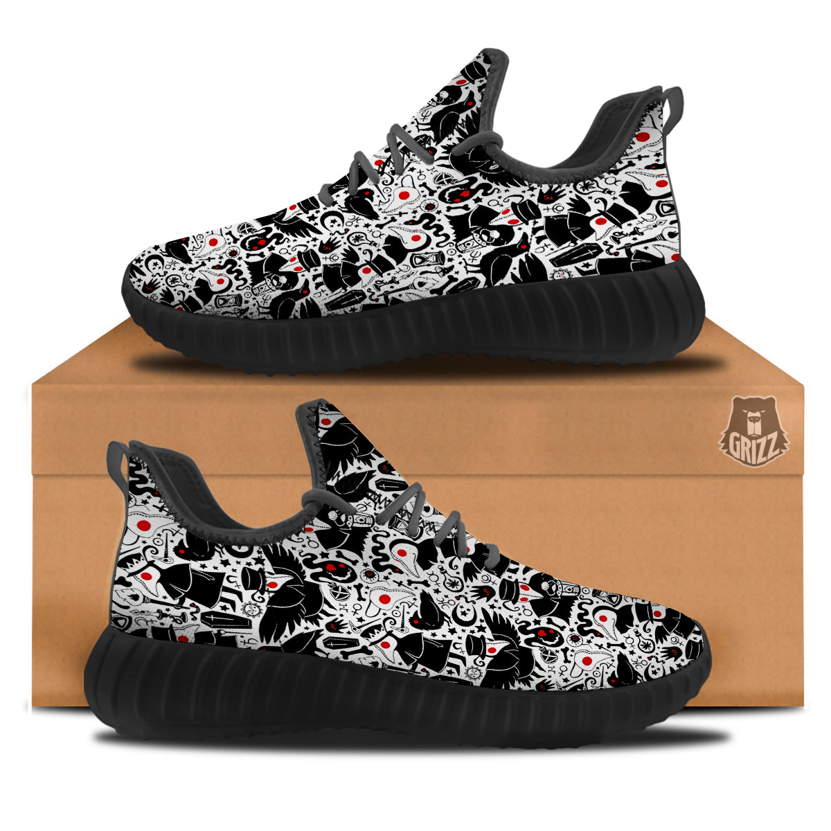 Cartoon Plague Doctors And Crows Red Eyes Print Pattern Black Walking Shoes-grizzshop