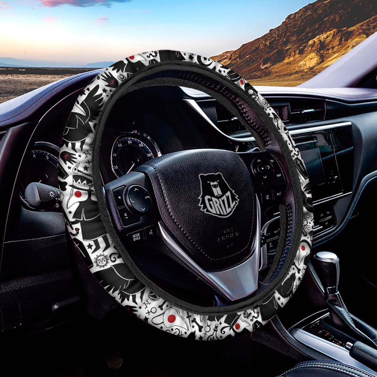 Cartoon Plague Doctors And Crows Red Eyes Print Pattern Car Steering Wheel Cover-grizzshop