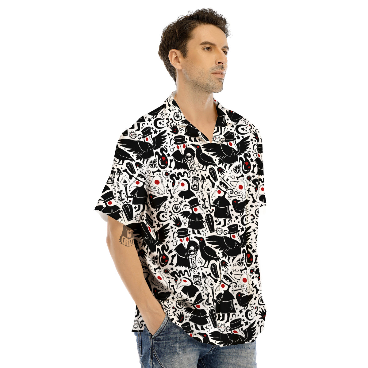 Cartoon Plague Doctors And Crows Red Eyes Print Pattern Men's Hawaiian Shirt-grizzshop