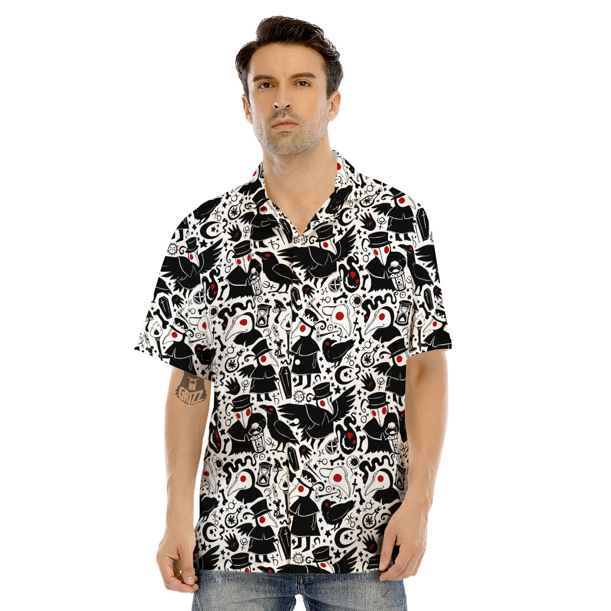 Cartoon Plague Doctors And Crows Red Eyes Print Pattern Men's Hawaiian Shirt-grizzshop