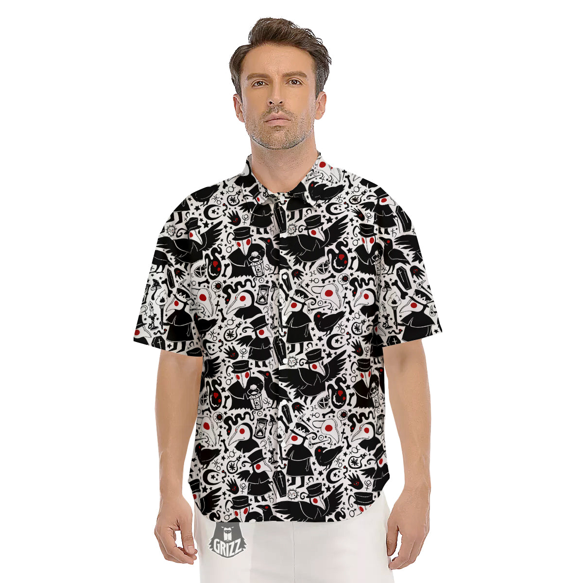 Cartoon Plague Doctors And Crows Red Eyes Print Pattern Men's Short Sleeve Shirts-grizzshop