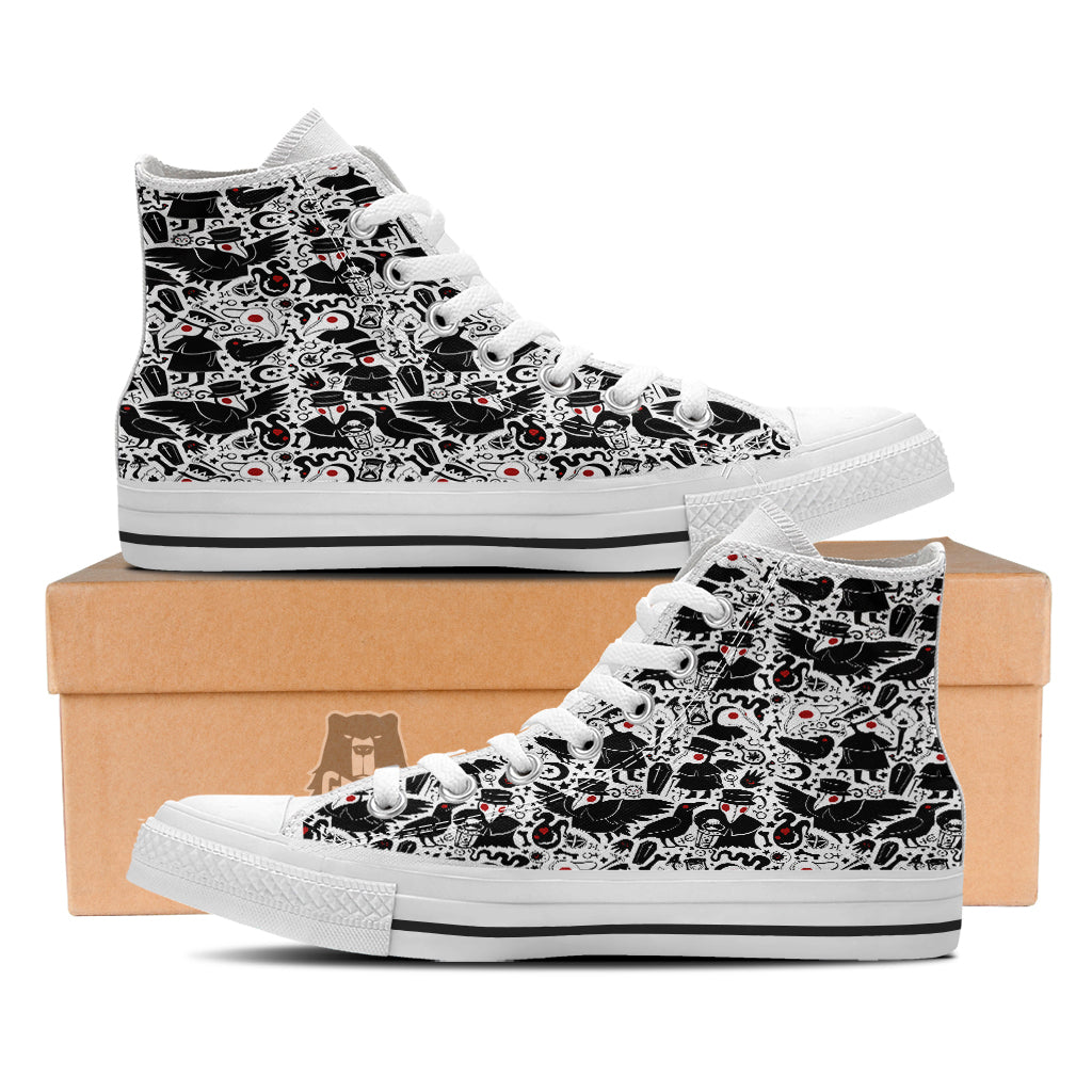 Cartoon Plague Doctors And Crows Red Eyes Print Pattern White High Top Shoes-grizzshop