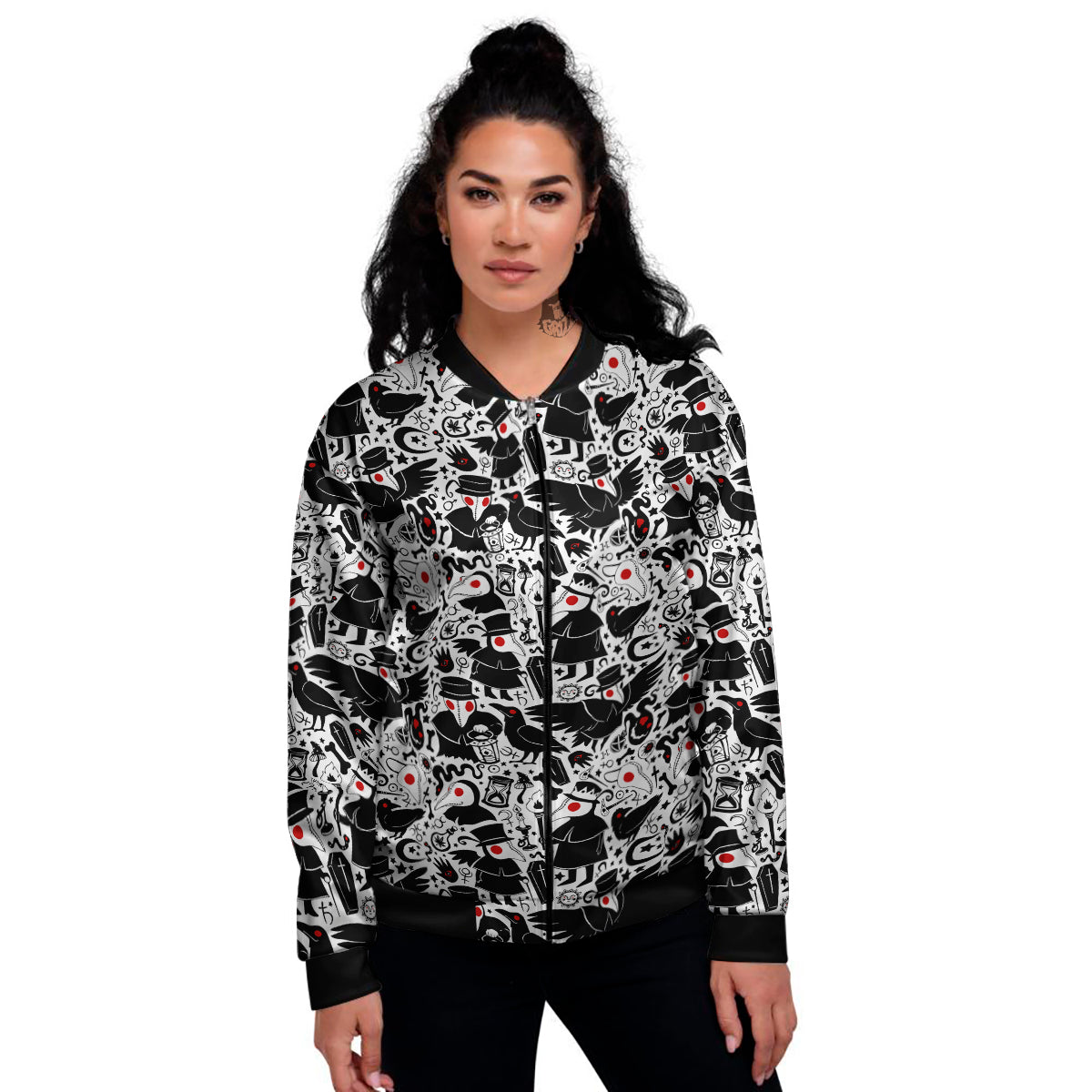 Cartoon Plague Doctors And Crows Red Eyes Print Pattern Women's Bomber Jacket-grizzshop