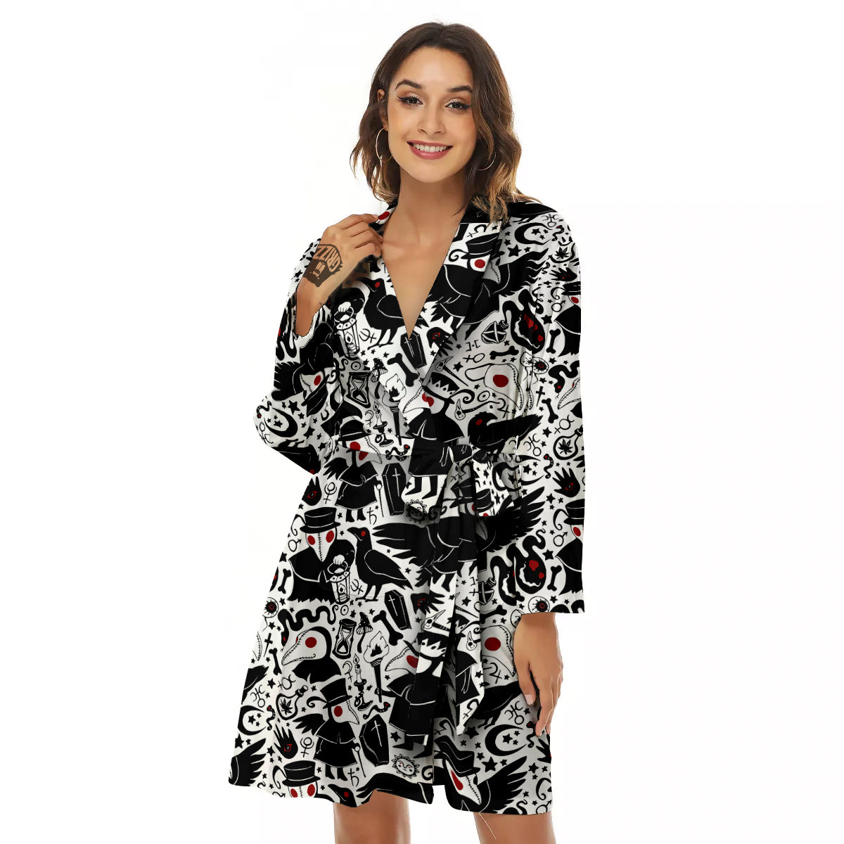 Cartoon Plague Doctors And Crows Red Eyes Print Pattern Women's Robe-grizzshop