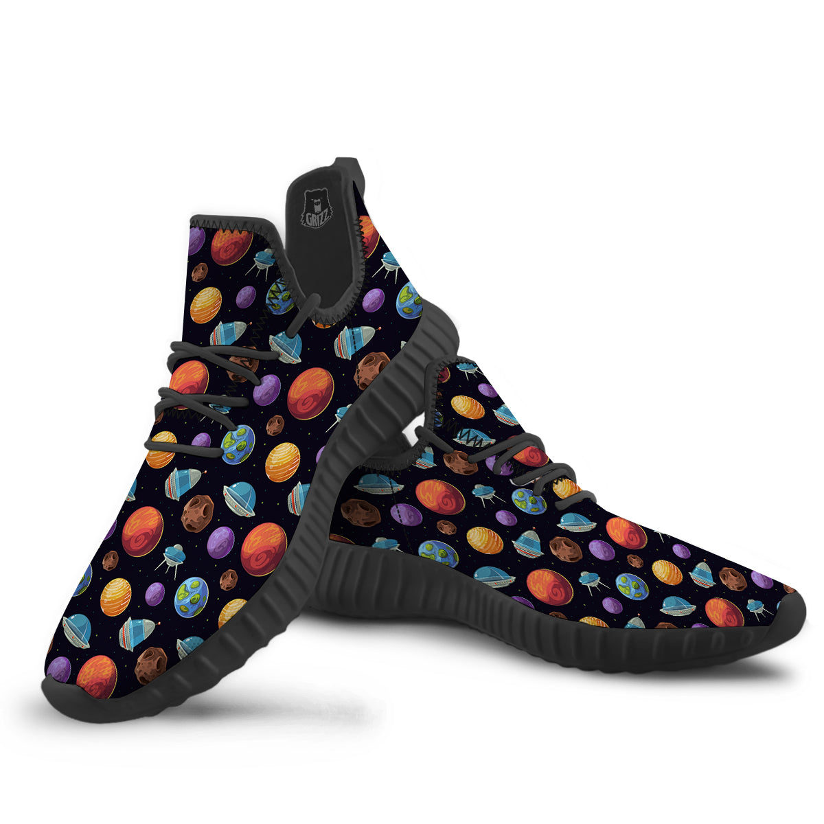 Cartoon Planets Colorful UFO Print Pattern Black Walking Shoes-grizzshop