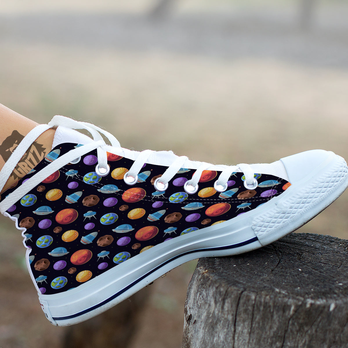 Cartoon Planets Colorful UFO Print Pattern White High Top Shoes-grizzshop