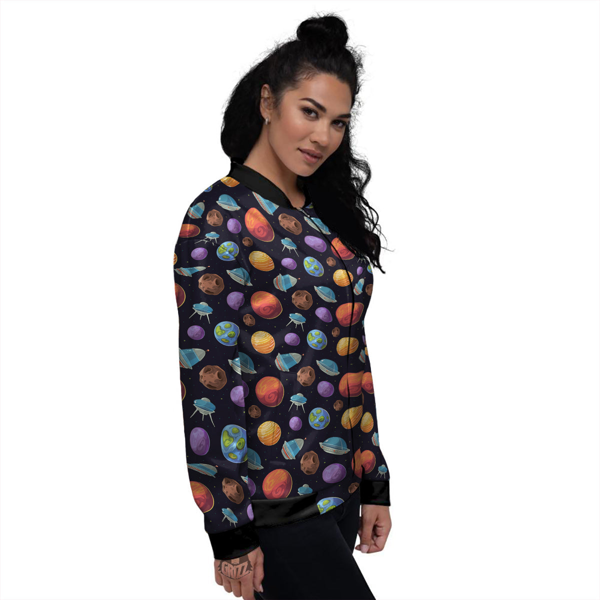 Cartoon Planets Colorful UFO Print Pattern Women's Bomber Jacket-grizzshop