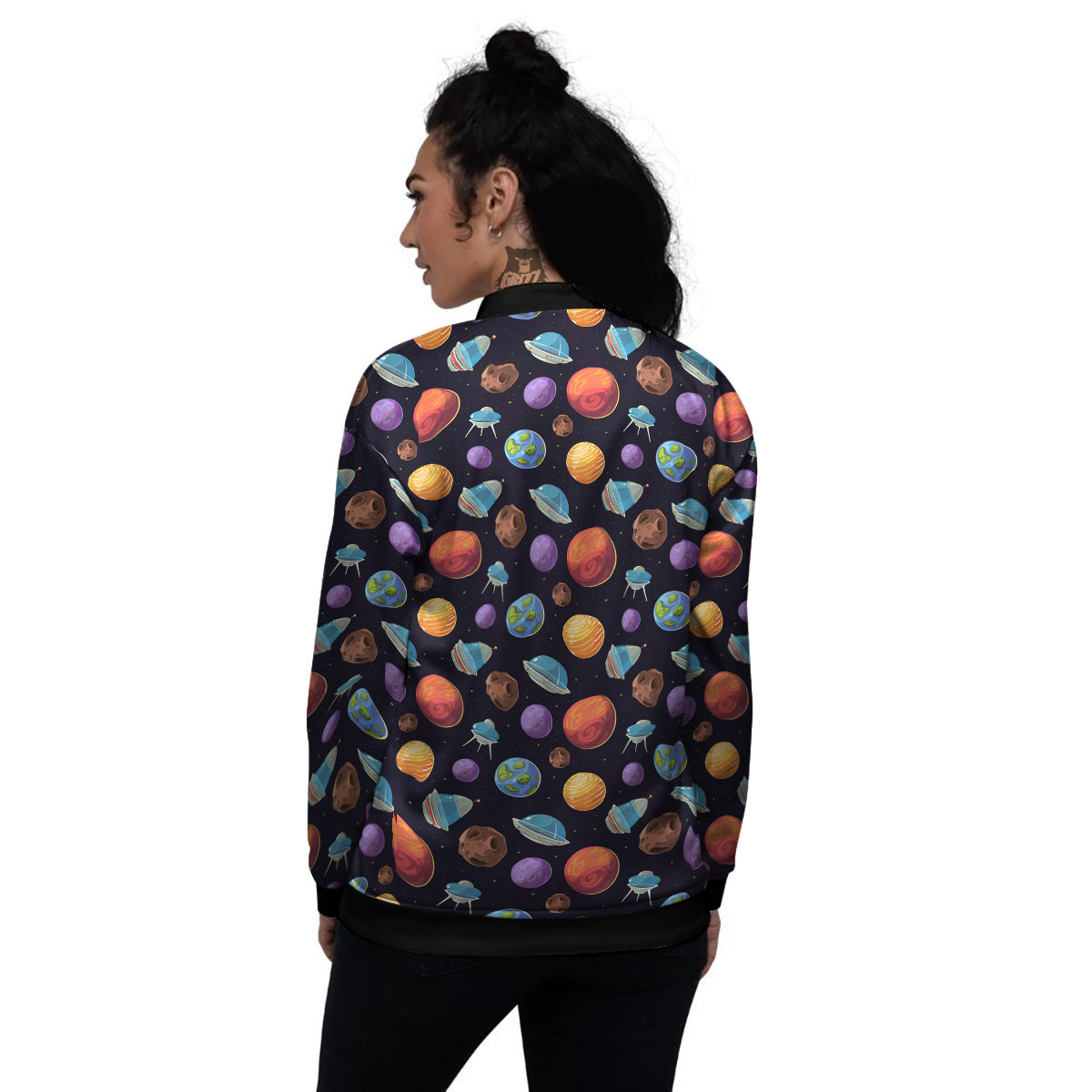 Cartoon Planets Colorful UFO Print Pattern Women's Bomber Jacket-grizzshop