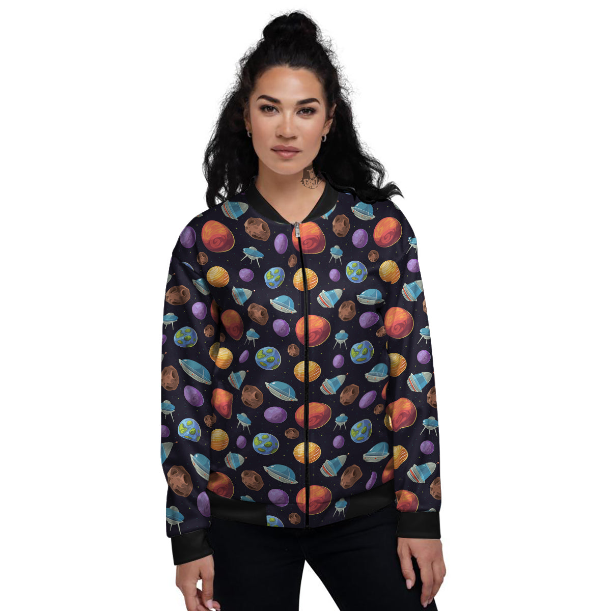 Cartoon Planets Colorful UFO Print Pattern Women's Bomber Jacket-grizzshop