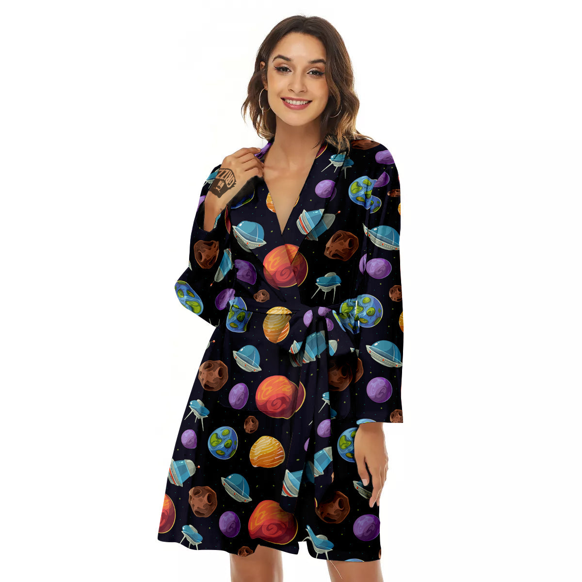Cartoon Planets Colorful UFO Print Pattern Women's Robe-grizzshop