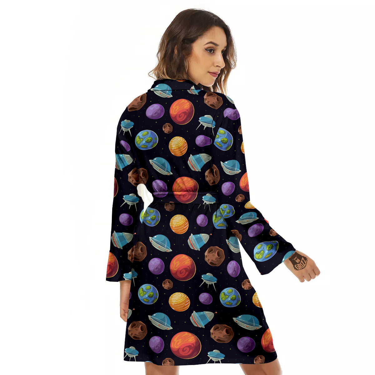 Cartoon Planets Colorful UFO Print Pattern Women's Robe-grizzshop