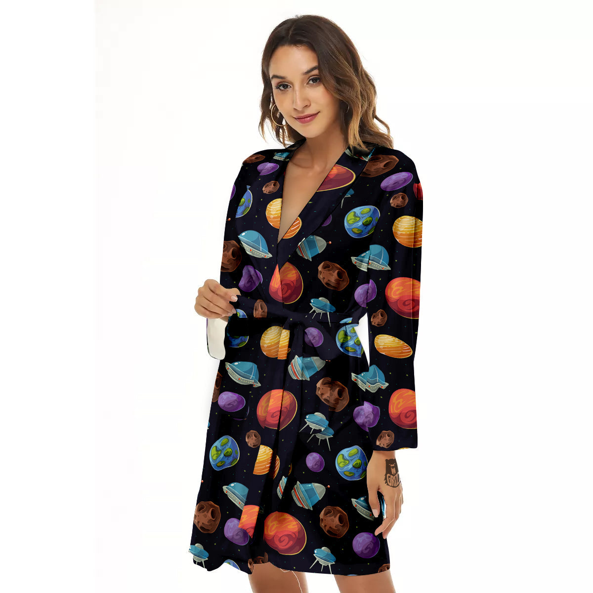 Cartoon Planets Colorful UFO Print Pattern Women's Robe-grizzshop