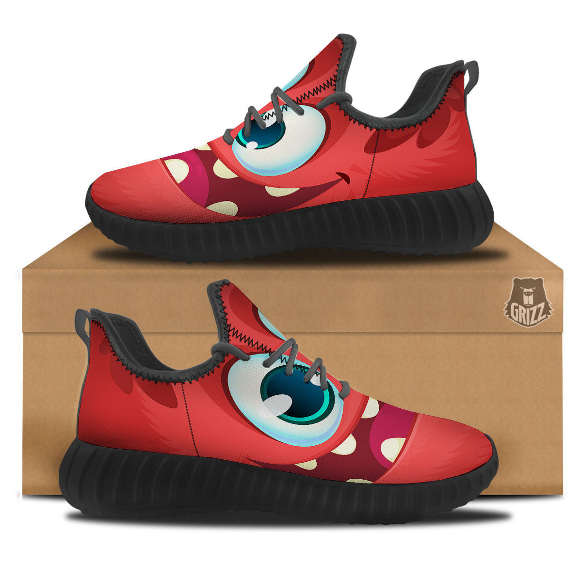 Cartoon Red Monster Face Cute Print Black Walking Shoes-grizzshop