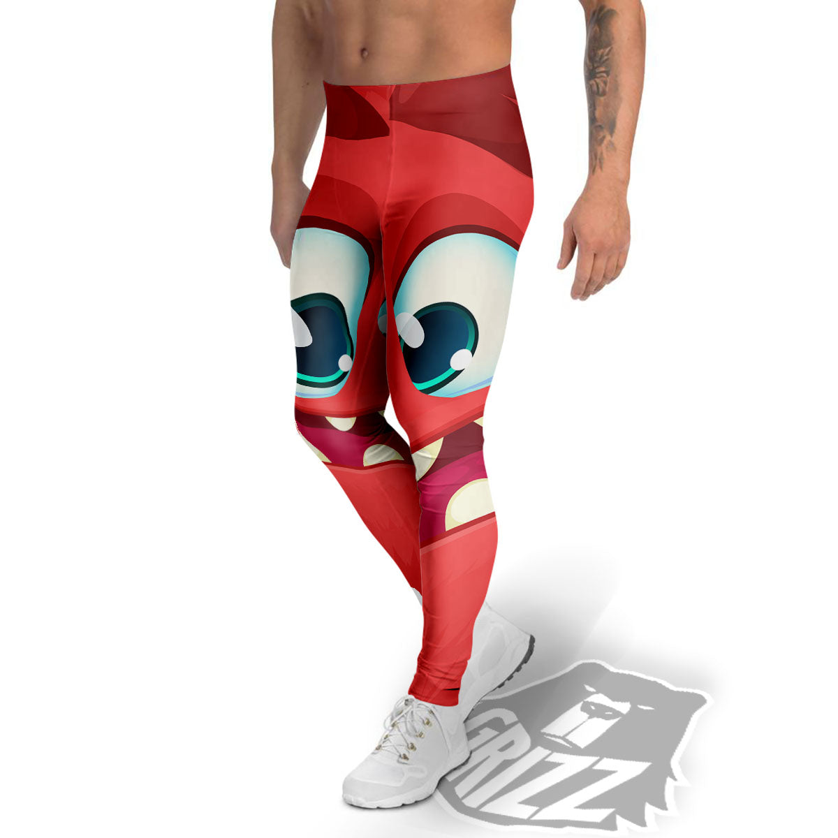 Cartoon Red Monster Face Cute Print Men's Leggings-grizzshop