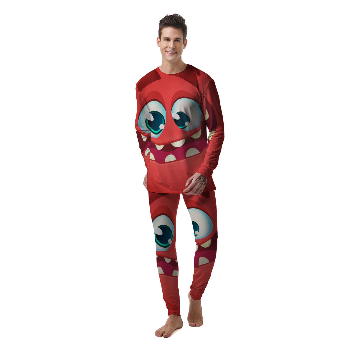 Cartoon Red Monster Face Cute Print Men's Pajamas-grizzshop