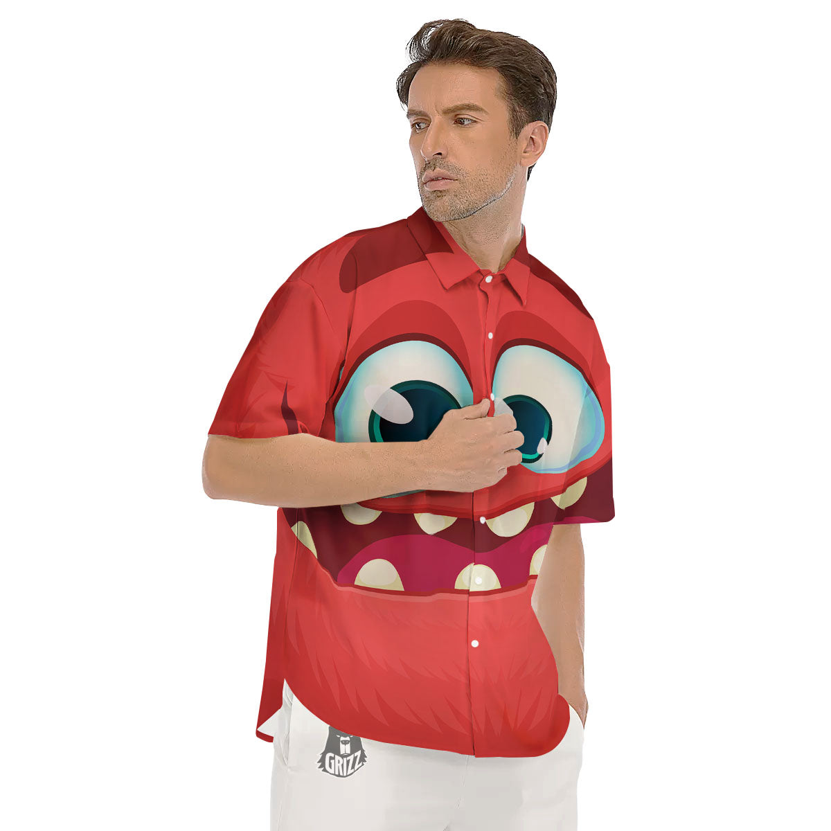 Cartoon Red Monster Face Cute Print Men's Short Sleeve Shirts-grizzshop