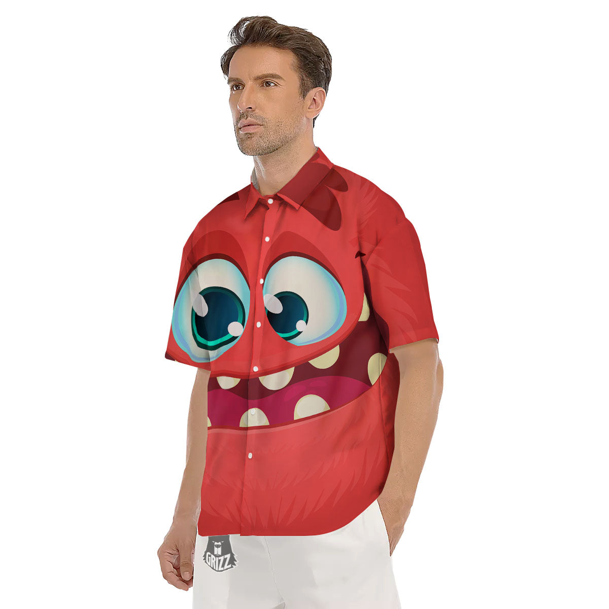 Cartoon Red Monster Face Cute Print Men's Short Sleeve Shirts-grizzshop