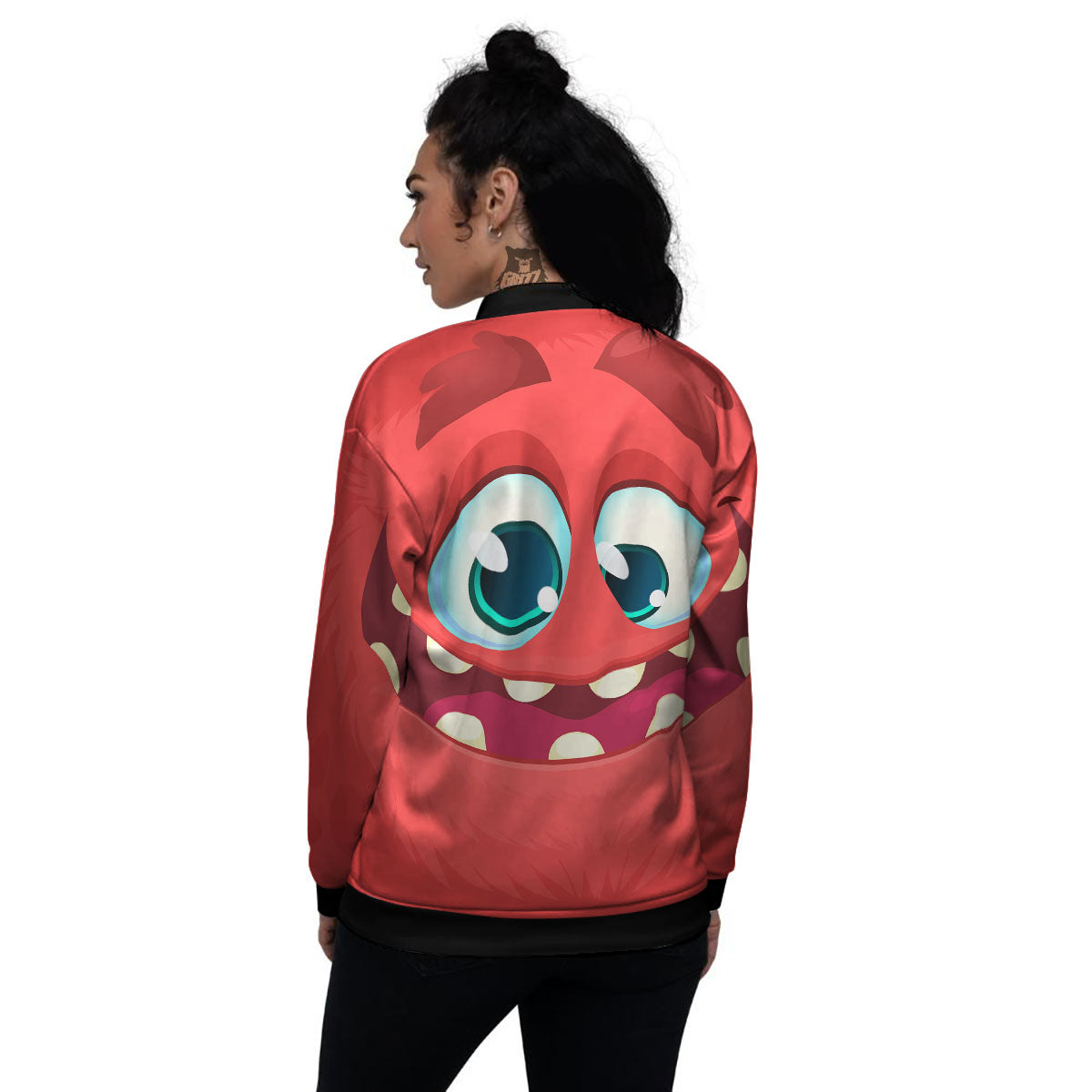 Cartoon Red Monster Face Cute Print Women's Bomber Jacket-grizzshop
