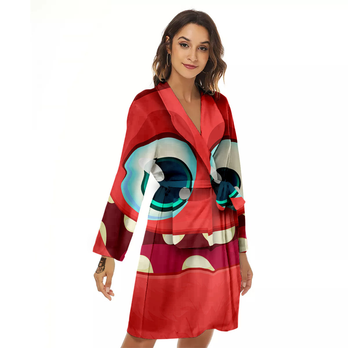 Cartoon Red Monster Face Cute Print Women's Robe-grizzshop