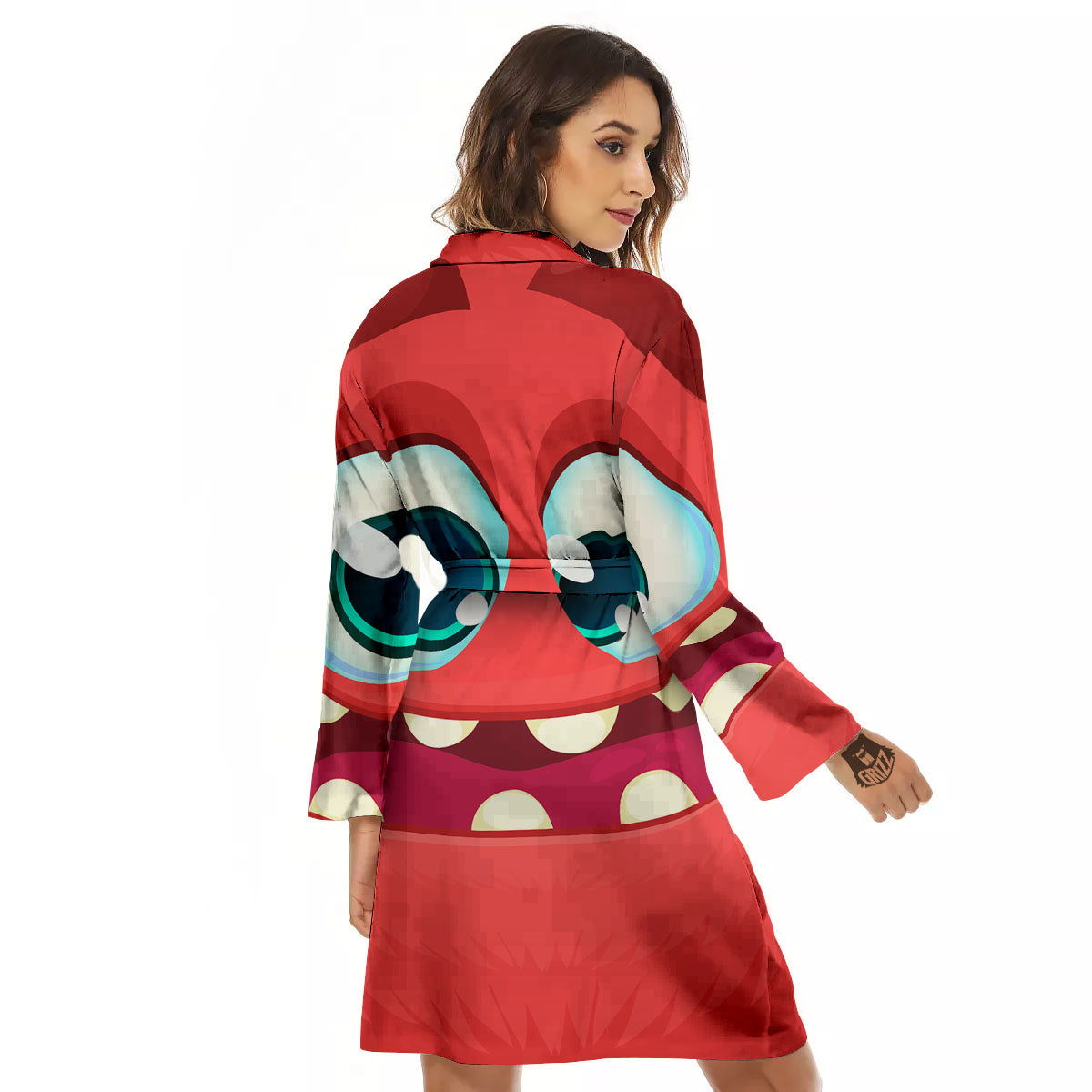 Cartoon Red Monster Face Cute Print Women's Robe-grizzshop