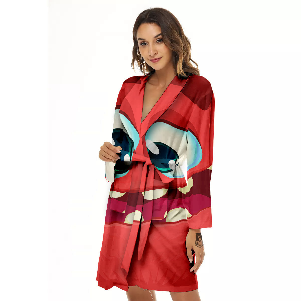 Cartoon Red Monster Face Cute Print Women's Robe-grizzshop