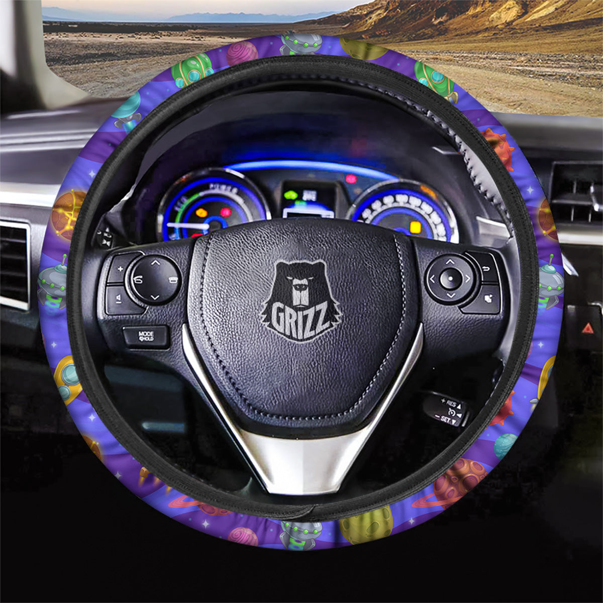 Cartoon Space Ships And Planets Print Pattern Car Steering Wheel Cover-grizzshop