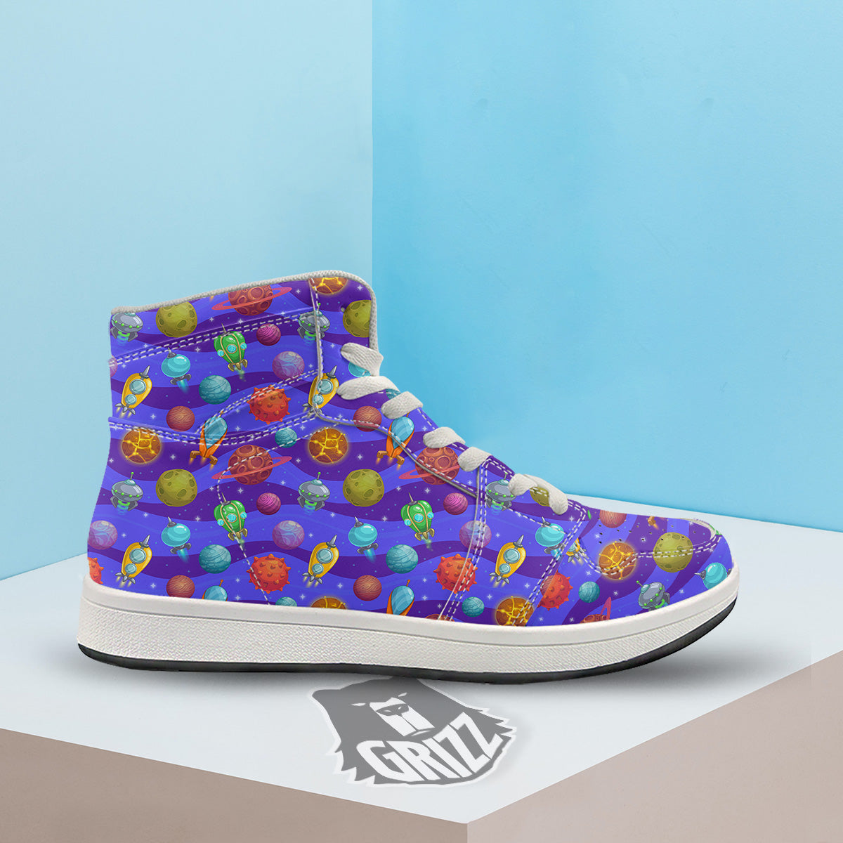 Cartoon Space Ships And Planets Print Pattern High Top Sneakers-grizzshop