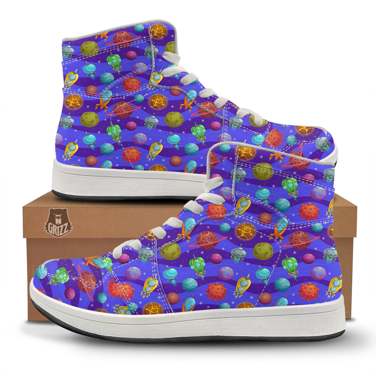 Cartoon Space Ships And Planets Print Pattern High Top Sneakers-grizzshop